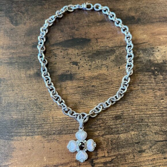 Judith Ripka 925 Silver Pink MOP Heart + CZ Maltese Cross Pendant Chain Necklace - Picture 6 of 17